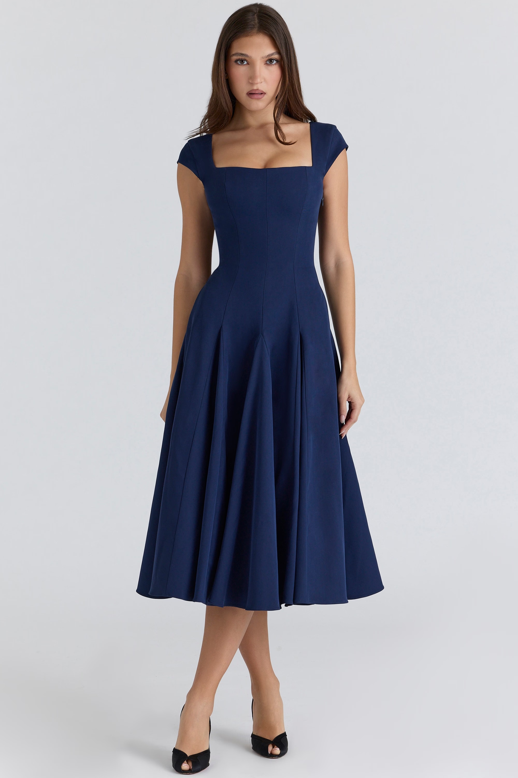 navy lace back twill midi dress