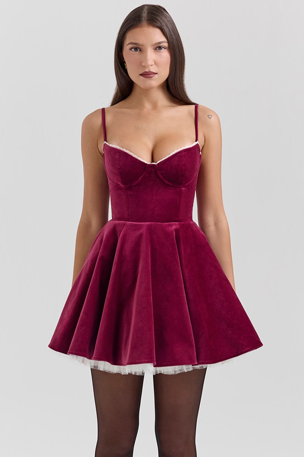 burgundy velvet tulle mini dress - sale