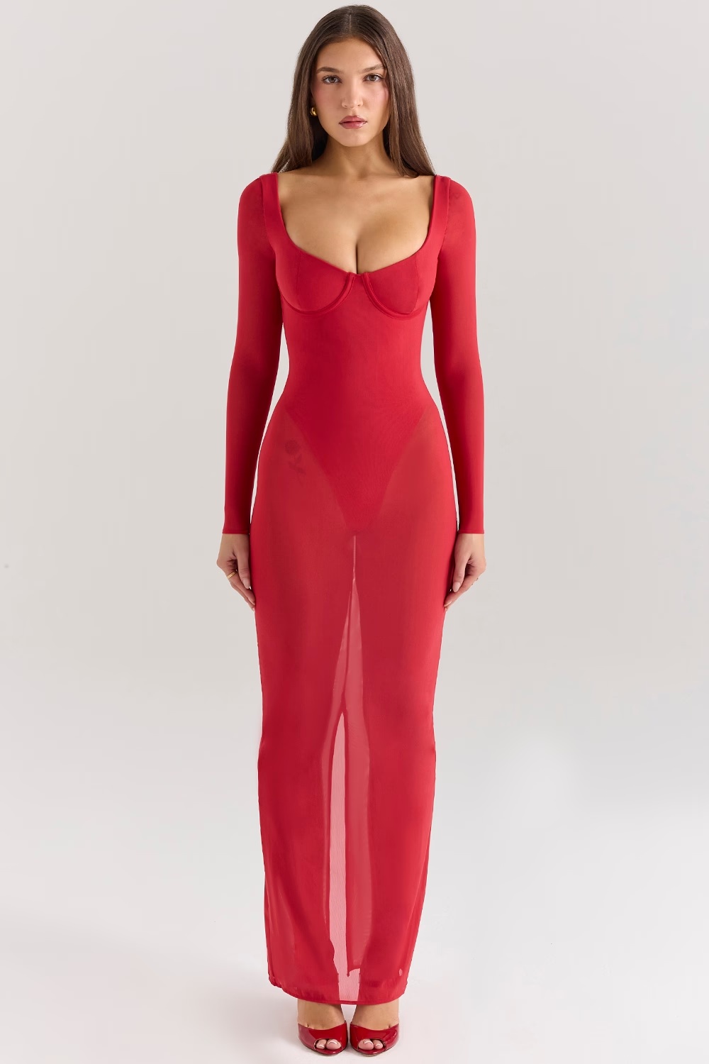 holly red mesh maxi dress with bodysuit - sale