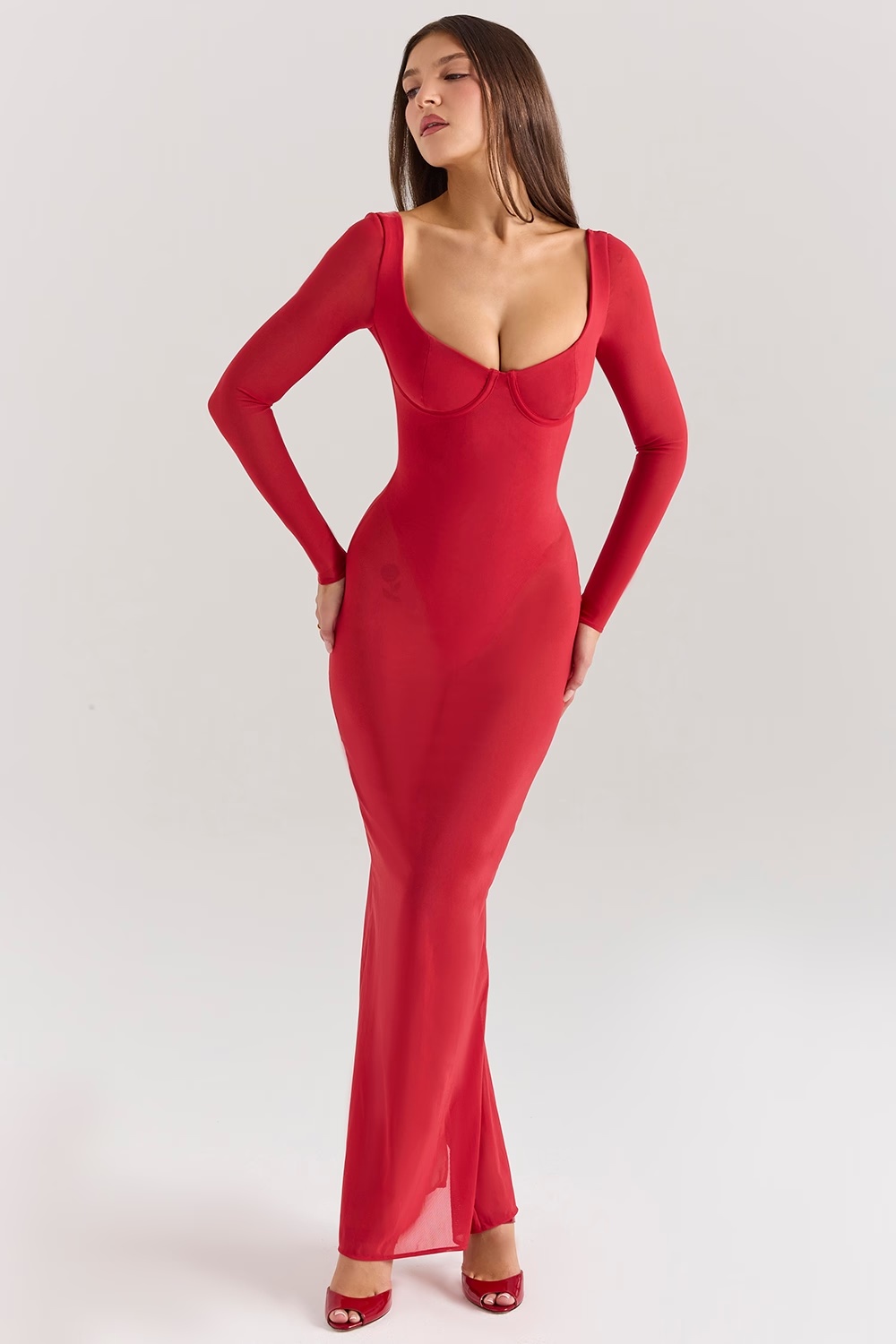 holly red mesh maxi dress with bodysuit - sale
