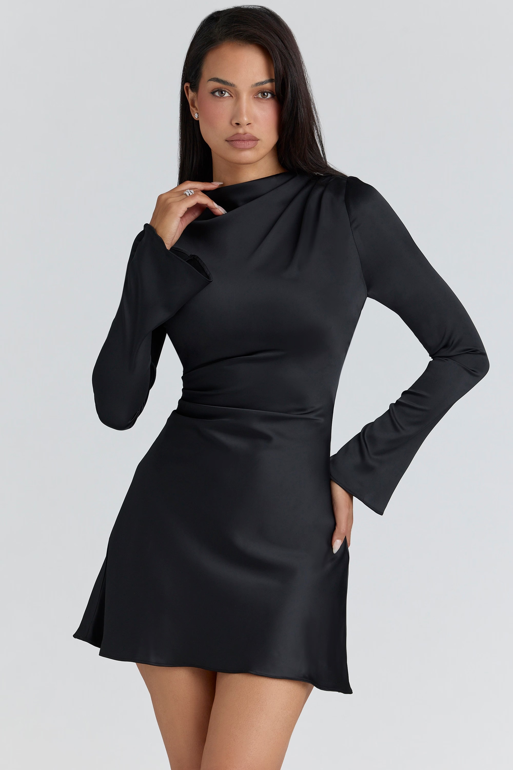 black satin long sleeve mini dress