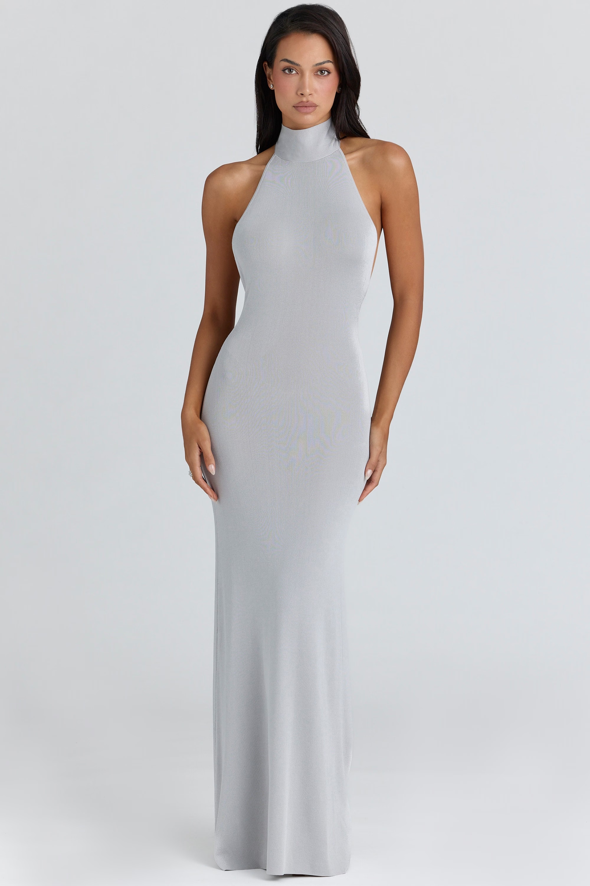 silver grey halter neck backless maxi dress