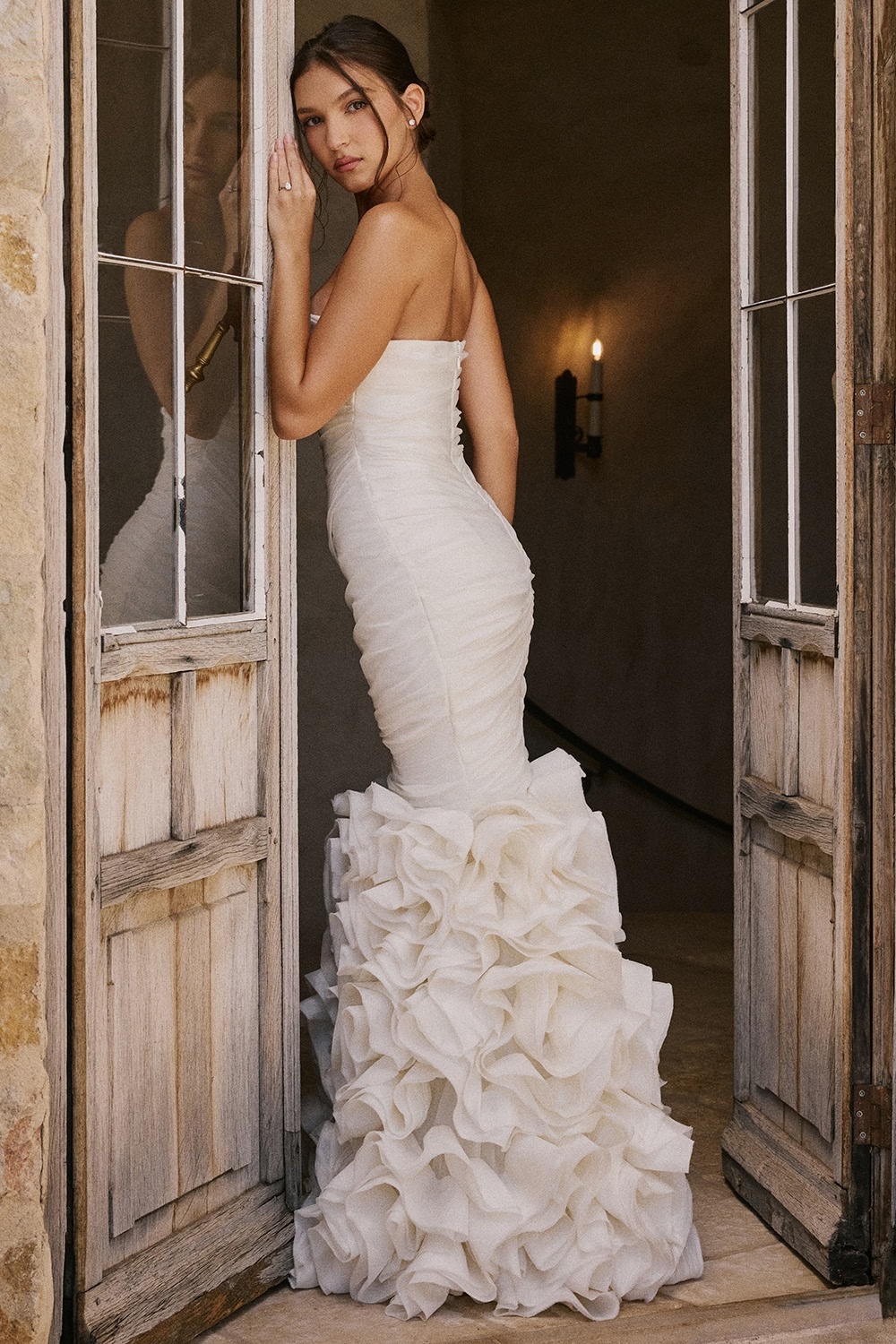 ivory strapless ruffle bridal gown