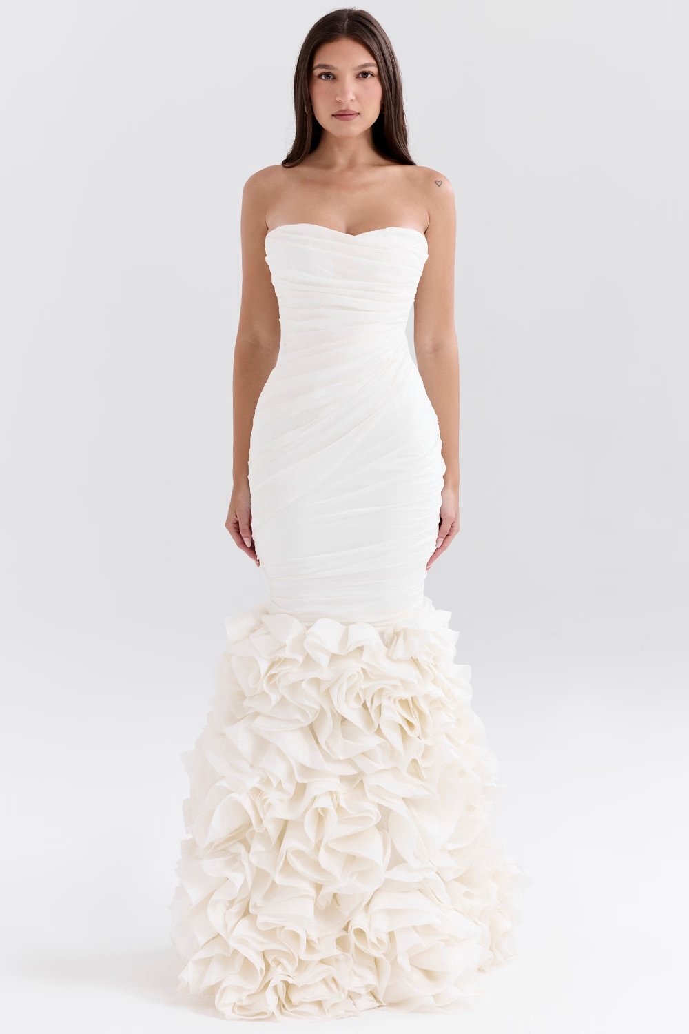 ivory strapless ruffle bridal gown