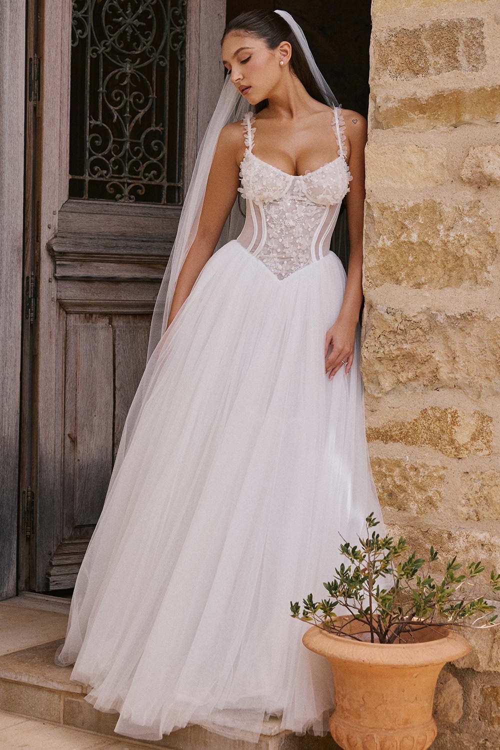 white floral lace tulle bridal gown