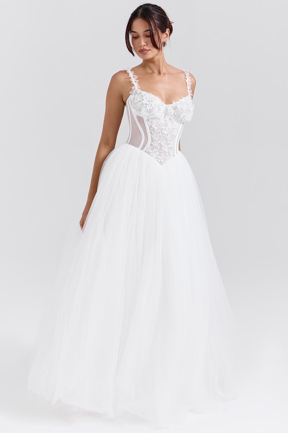 white floral lace tulle bridal gown