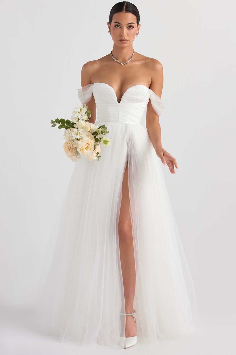 white tulle bridal gown