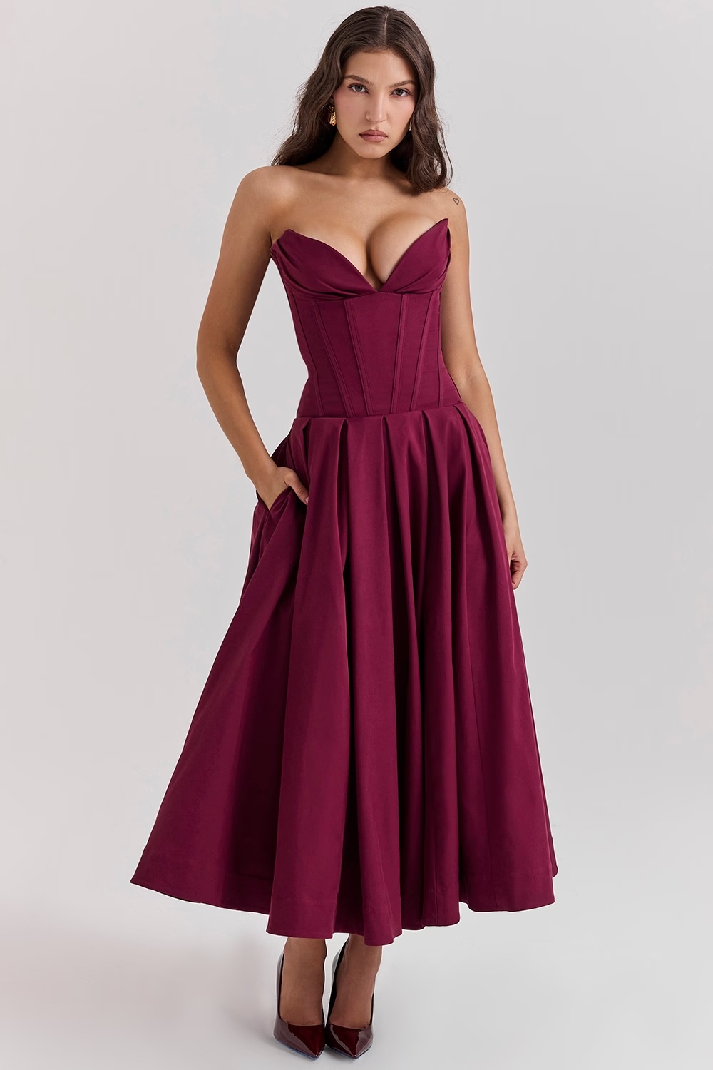 wine strapless midi dress - sale