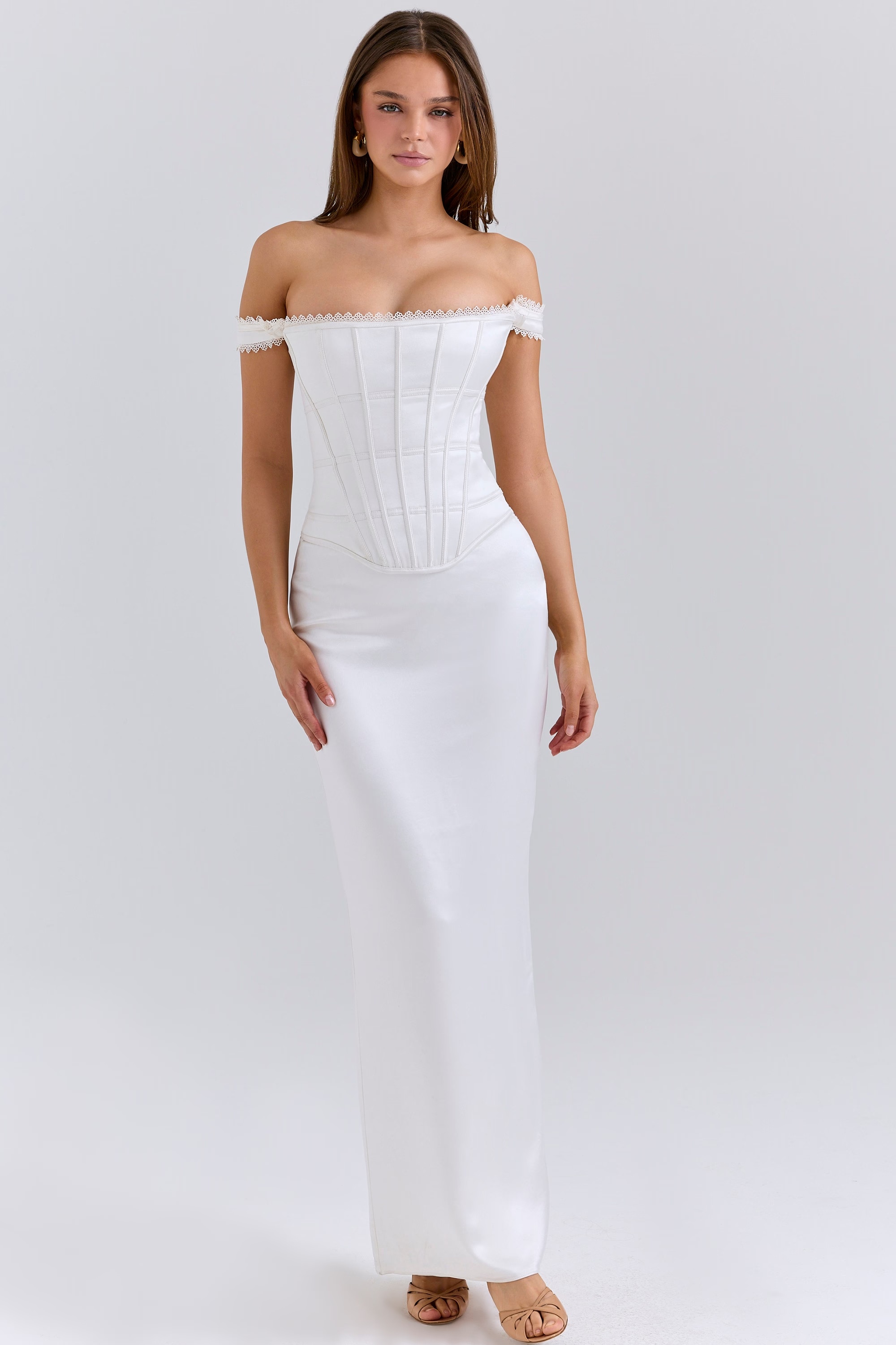 ivory satin corset maxi dress