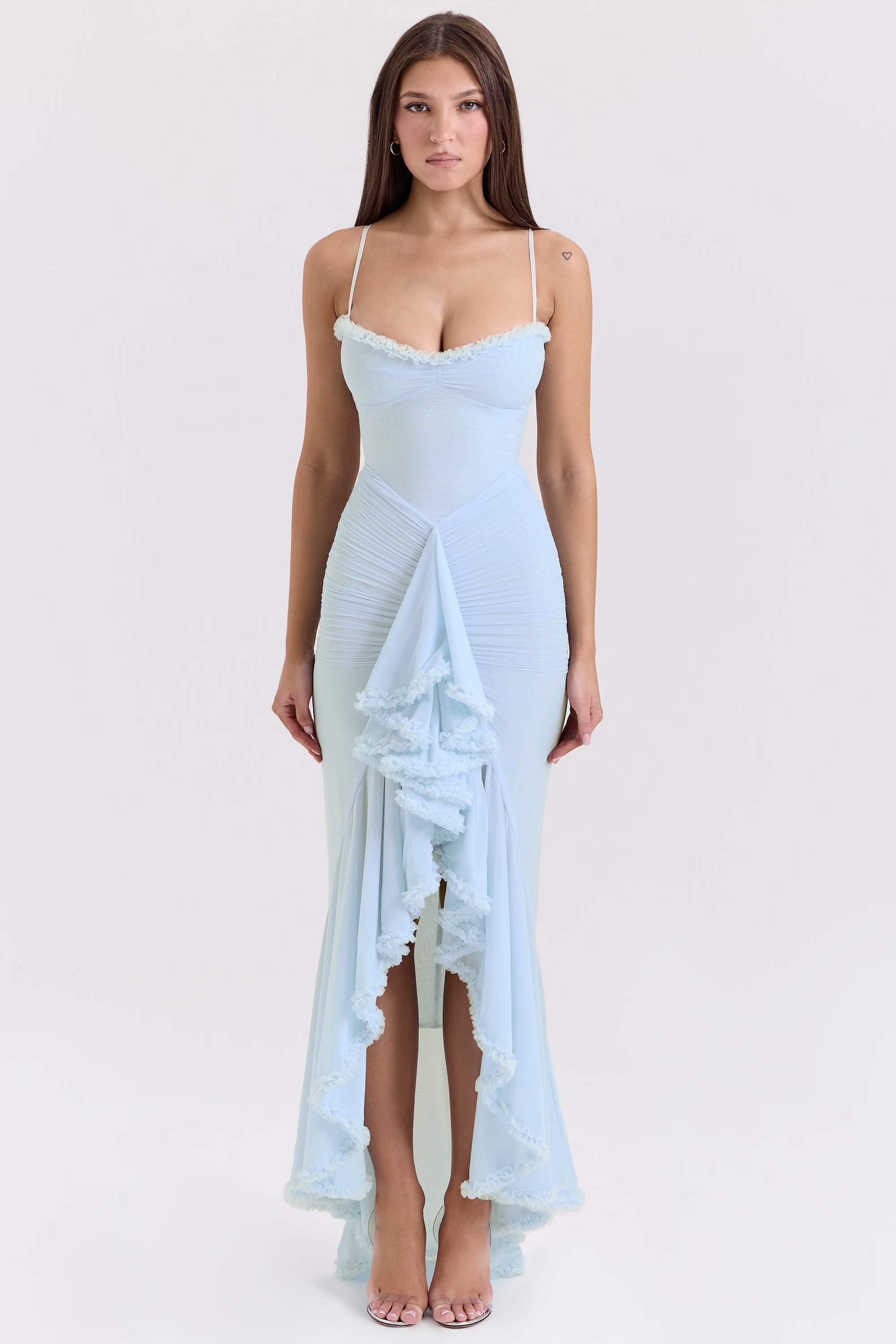 ice blue mesh ruffled front gown - sale